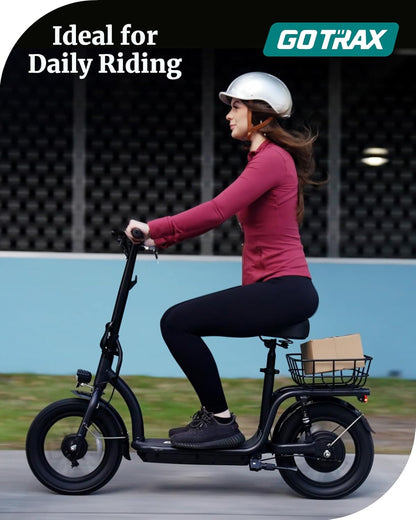 Electric Scooter with Seat for Adult, Max 31/40 Km Range, 25/31 Km/H Power by Peak 500 Motor, Comfortable 14" Pneumatic Tire and Dual Shock Absorption, Wide Seat&Deck with Carry Basket
