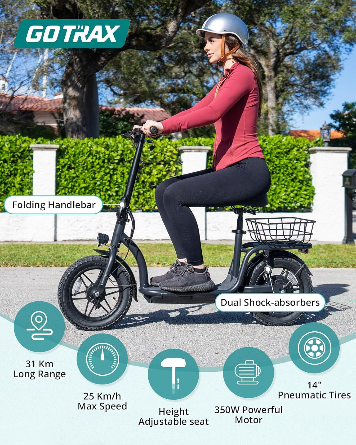 Electric Scooter with Seat for Adult, Max 31/40 Km Range, 25/31 Km/H Power by Peak 500 Motor, Comfortable 14" Pneumatic Tire and Dual Shock Absorption, Wide Seat&Deck with Carry Basket
