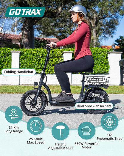 Electric Scooter with Seat for Adult, Max 31/40 Km Range, 25/31 Km/H Power by Peak 500 Motor, Comfortable 14" Pneumatic Tire and Dual Shock Absorption, Wide Seat&Deck with Carry Basket