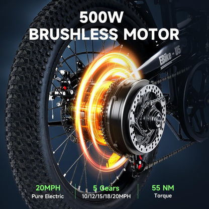 U5 Electric Bike for Adults, 500W Peak Folding Fat Tires Ebike with 80KM Pas Range, 32KM/H Speed, 48V 7.8Ah Removable Battery, 20" Lightweigt Electric Bicycle with Shelf for Commuting