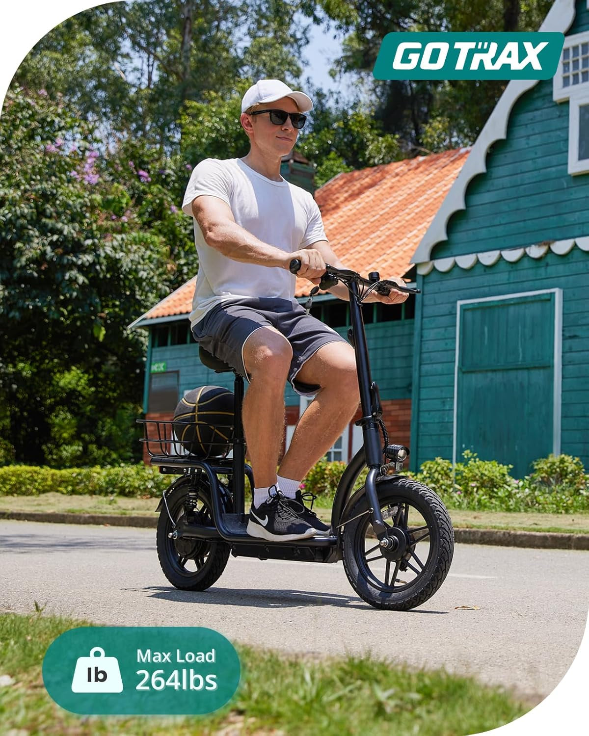 Electric Scooter with Seat for Adult, Max 31/40 Km Range, 25/31 Km/H Power by Peak 500 Motor, Comfortable 14" Pneumatic Tire and Dual Shock Absorption, Wide Seat&Deck with Carry Basket