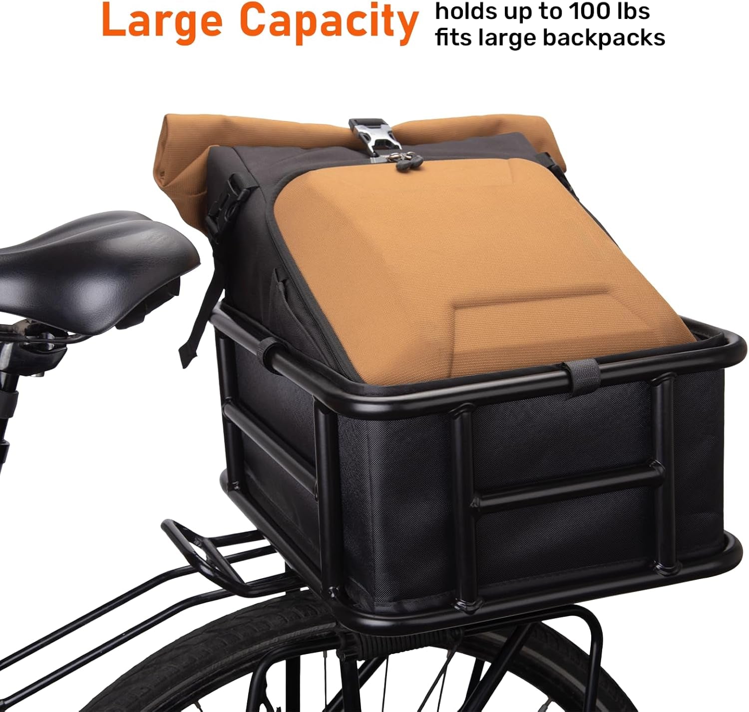 Bike Rear Basket Steel Frame Back Rack Mounted with Net and Liner,  23L Large Capacity Heavy Duty Cargo Carrier for Adult Bicycle and Ebike, Durable and Waterproof
