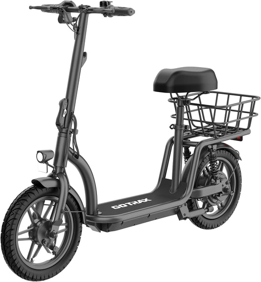 Electric Scooter with Seat for Adult, Max 31/40 Km Range, 25/31 Km/H Power by Peak 500 Motor, Comfortable 14" Pneumatic Tire and Dual Shock Absorption, Wide Seat&Deck with Carry Basket