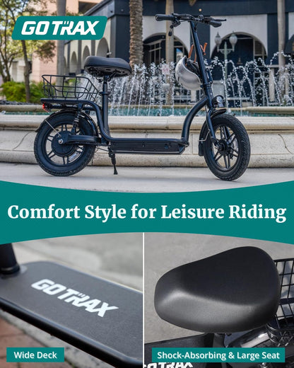 Electric Scooter with Seat for Adult, Max 31/40 Km Range, 25/31 Km/H Power by Peak 500 Motor, Comfortable 14" Pneumatic Tire and Dual Shock Absorption, Wide Seat&Deck with Carry Basket