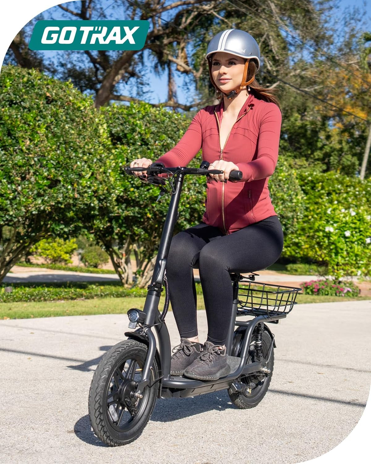 Electric Scooter with Seat for Adult, Max 31/40 Km Range, 25/31 Km/H Power by Peak 500 Motor, Comfortable 14" Pneumatic Tire and Dual Shock Absorption, Wide Seat&Deck with Carry Basket